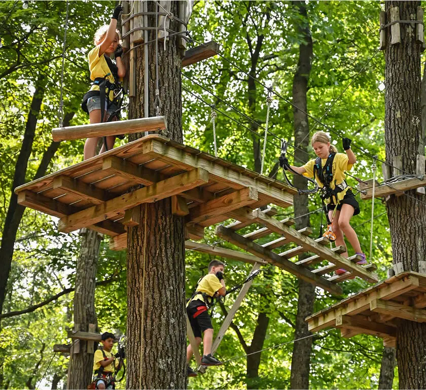 Kids at TreEscape Aerial Adventure Park, Vernon, New Jersey. Outdoor wellness at TreEscape