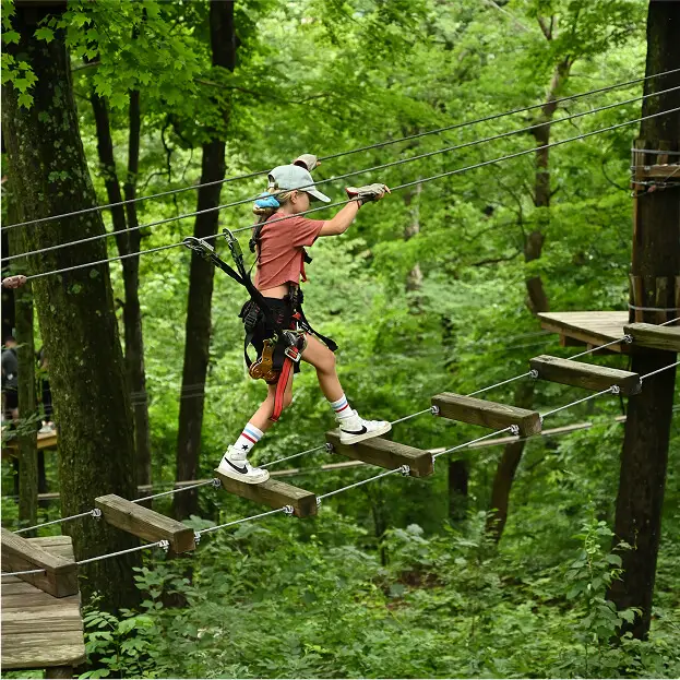 Girl climbing on an aerial rope course at TreEscape Aerial Adventure Park in Vernon, NJ, wearing a harness and helmet while enjoying the outdoor adventure.