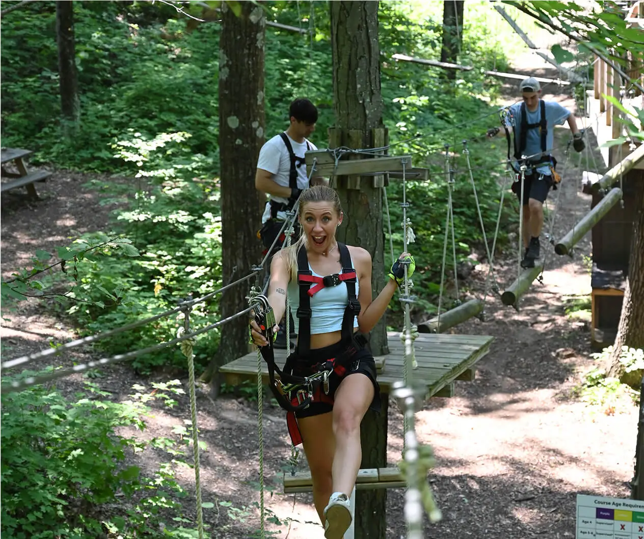 Group of young people navigating the aerial rope course at TreEscape Aerial Adventure Park in Vernon, NJ, working together and enjoying the forest adventure.
