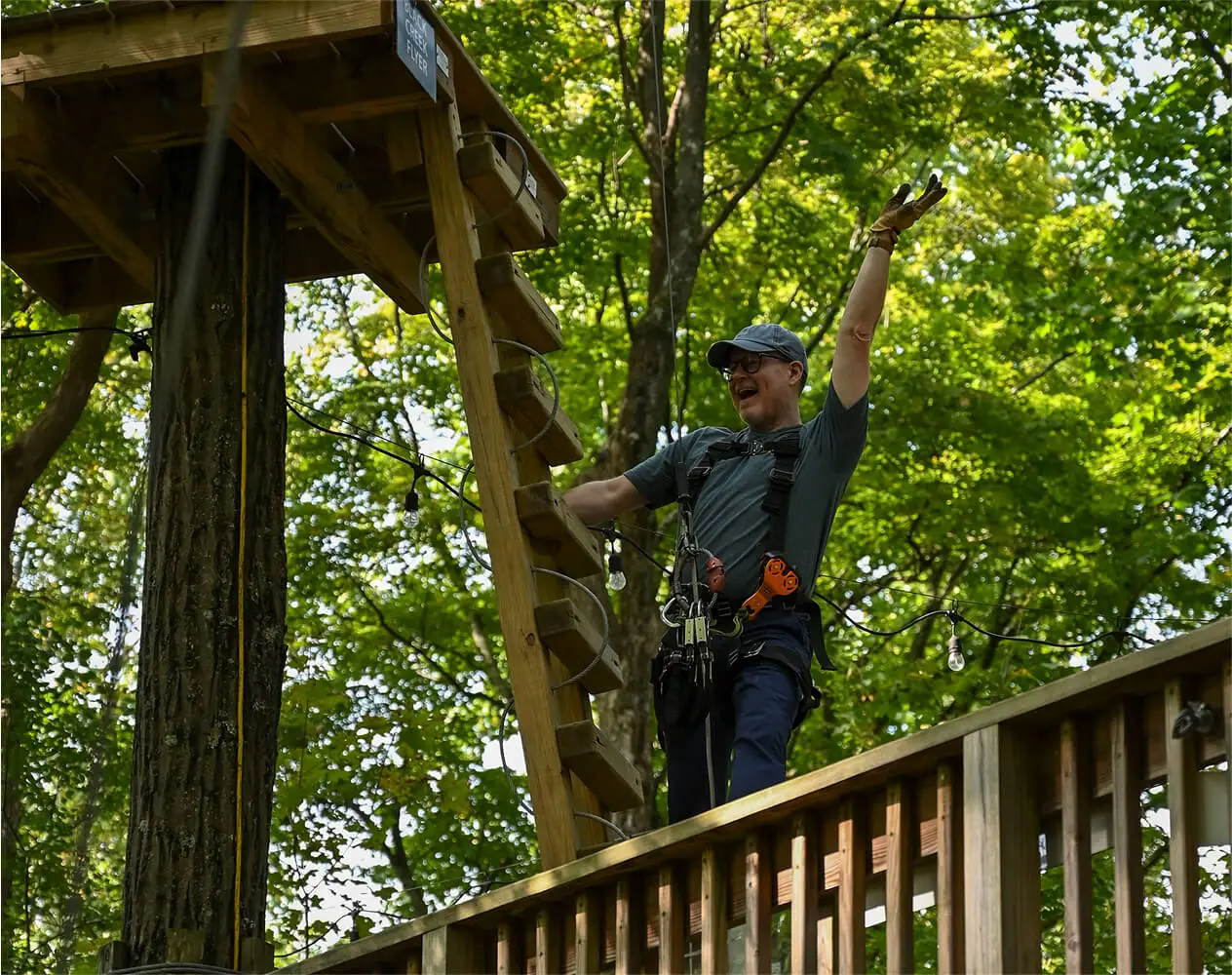 Man preparing to launch on a zip line at TreEscape aerial adventure park in Vernon, NJ. Outdoor wellness at TreEscape