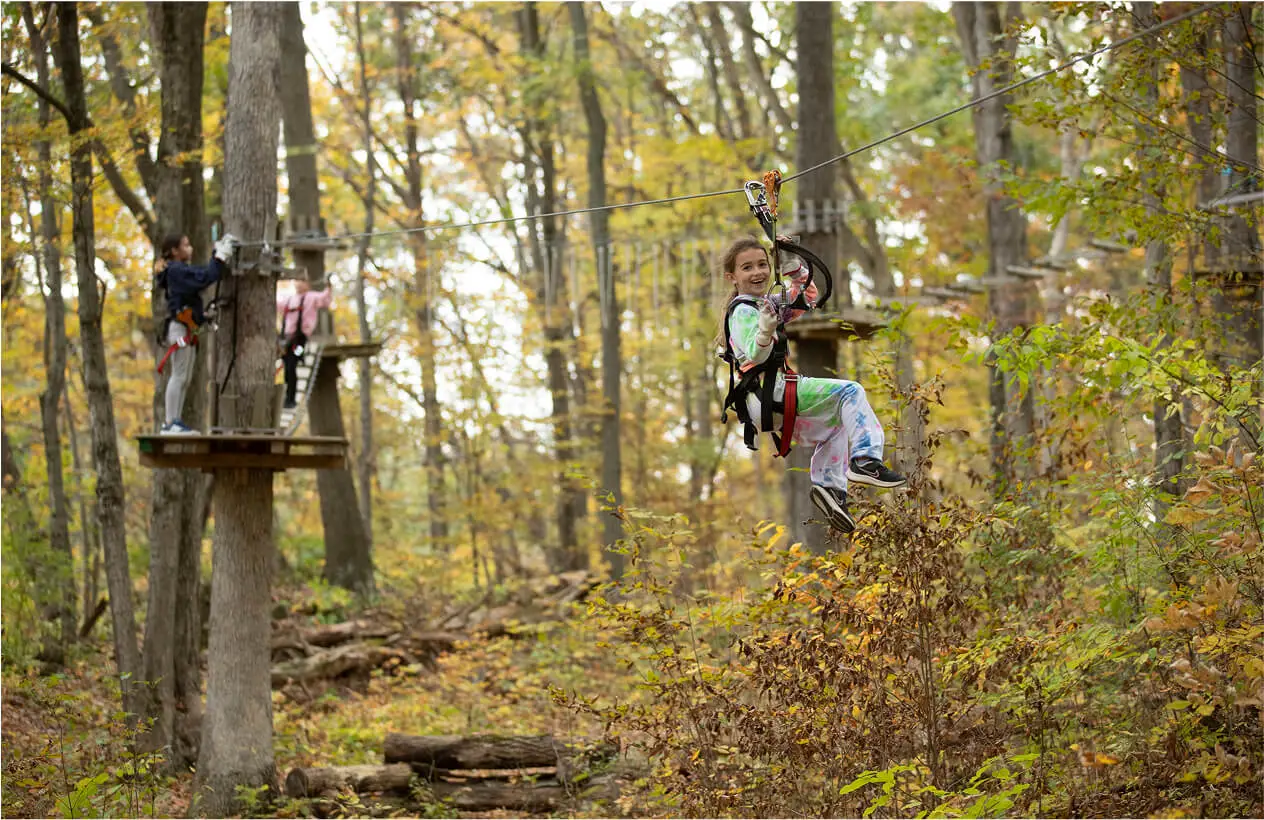 Children riding a zip line through colorful autumn trees at TreEscape Aerial Adventure Park in Vernon, New Jersey.